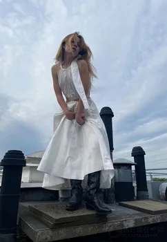 2023 Ново женското сексуално ленено рокля Midi без ръкави, с кръгло деколте и деколте талията
