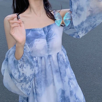 2023 Плажна шифоновое къса рокля, Секси елегантна рокля без презрамки с равен брой гласове-боя, Синя рокля Фея в рубчик, Ежедневното мини рокля, Корея