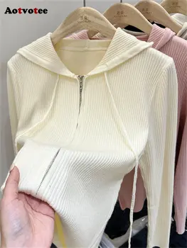 Aotvotee, обикновен женски жилетка 2023, модерен ретро вязаный жилетка с качулка, елегантен пуловер с цип с дълъг ръкав, розова жилетка, Върхове