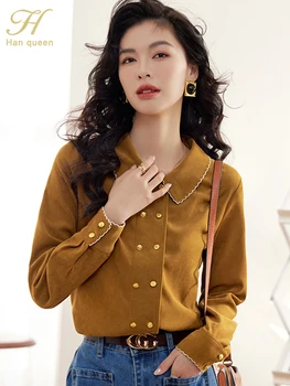 H Han Queen/Нови Двубортные пролетно-есенни блузи, реколта блуза, прости блузи с дълъг ръкав, ежедневни работни свободни дамски блузи OL