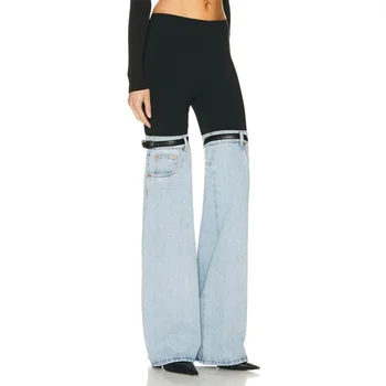 JAMERARY/ модни дънкови панталони, лято-есен, висока талия в стил мозайка, черен, син цвят, колан, широки и дълги панталони, дамски ежедневни