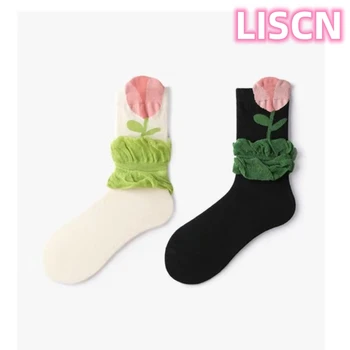LISCN 2023 Нови сладки чорапи с цветен модел на Лале, хитовые памучни чорапи със средна дължина, стил харадзюку за жени и Момичета, вечерни модни бижута