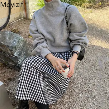 Moyizif/ зимни дамски юбочные комплекти с висока яка и ръкав-фенерче, поли трапецовидна форма в клетката, комплект от две части, корейската модни дамски дрехи