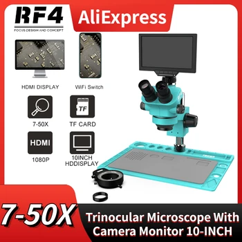 RF4 Тринокулярный стереомикроскоп RF-7050TVD2-YS010W, 10-инчов монитор, промишлена лаборатория, Ремонт на мобилни телефони