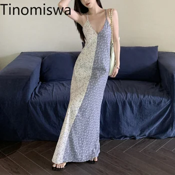 Tinomiswa, сексуална красива рокля на спагети презрамки, женствена рокля с V-образно деколте, контрастен цвят, мозайка рокля с флорални принтом, модни рокли с отворен гръб, Femme