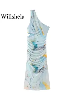 Willshela, дамско модно рокля миди с принтом от тюл, винтажное асиметрично женствена рокля на бретелях, шикозни дамски рокли