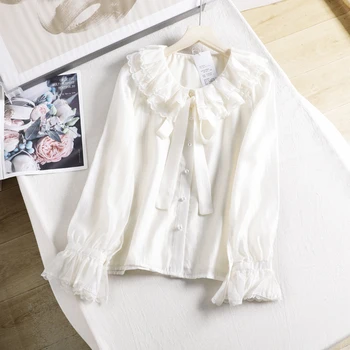 Бяла риза с лък в корейски стил, блуза, дамски пролетно модерна риза, което намалява възраст топ с пузырчатым ръкав