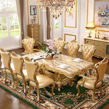 Европейският мраморна маса правоъгълна маса за хранене за вили в златни маса цвят шампанско златни