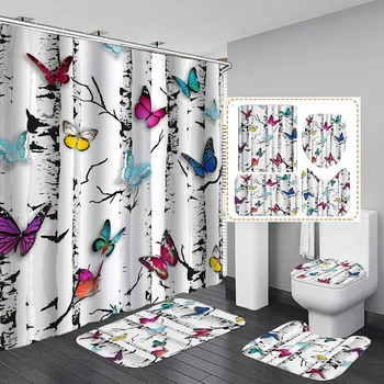 Комплект непромокаеми завеса за душ с пеперуда в банята, 12 куки, калъф за седалката на тоалетната чиния, нескользящий мат, черги, Килими, моющийся Начало декор