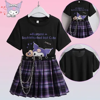 Костюм на Sanrio Kuromi с къс ръкав, Тениска, Единни пола Kawaii Jk, Плиссированная пола за Колеж, Модни пола от две части