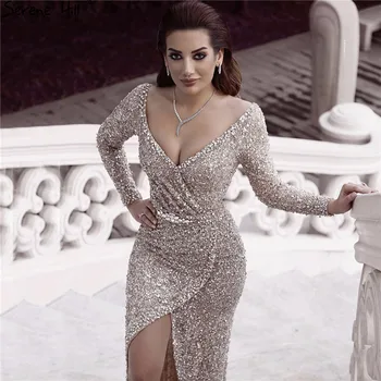 Луксозни Вечерни Рокли със сребро, пайети и диаманти в Дубай 2023, Дълги Ръкави, Лъскава, секси вечерни рокли Serene Hill LA60856