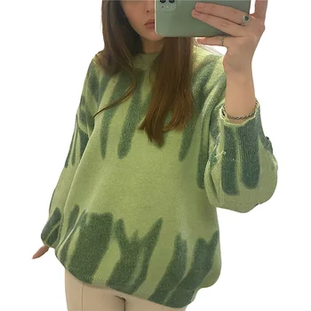 Модерен трико с дълъг ръкав за момичета, есенно-зимния пуловер, женски творчески вязаный топ свободно намаляване с кръгла яка в тон