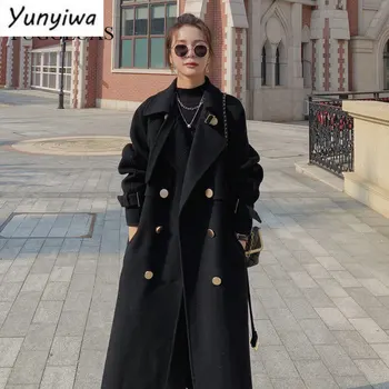 Модно елегантна черна вълнена палто 20, есенно-зимна нова свободна двубортная дълга червено яке с темперамент Хепбърн