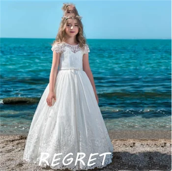 Нова рокля за първо причастие за момичета, дантелени апликации за колан, копчета, ръкавите-шапка, рокля с цветя модел за момичета, сватбена рокля