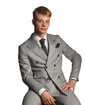 Нови високо качество на Индивидуални Летни Младежки памучни мъжки костюми с вырезанным яка, Монтиране дизайн, Модерен празничен комплект от 2 теми (яке + панталон)