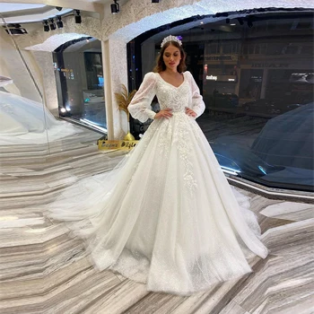 Омаен Прекрасни дантелени сватбени рокли с квадратна яка за измиване на подове 2023, Пенливи луксозна сватбена рокля на принцеса с дълъг ръкав