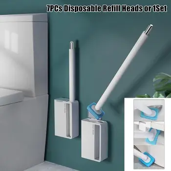 С дюзи за зареждане за Еднократна употреба четки за тоалетна, монтиран на стената инструмент за почистване на баня, набор от четки за почистване на тоалетната чиния, Удобна дръжка