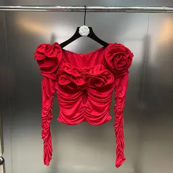 Секси елегантна червена риза с едно рамо, дамски пролет 2023, Нова Отворена клубната парти, Модни горна дреха с дълъг ръкав