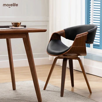 Скандинавските трапезни столове, Мебели за дома, Просто стол от масивно дърво с ленен вложки Дизайнерски стол с кожена облегалка за почивка Стол с куха облегалка