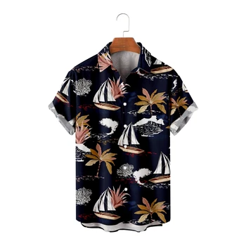 Хавайски черни ризи за мъже с принтом ветроходни лодки, черни ризи с къс ръкав, стръмни летни блузи, реколта дишащи