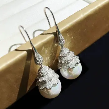 2023 Гореща Разпродажба Елегантни блестящи кубични циркониеви перлени геометрични корейски обици капка Сватба бижута и Аксесоари