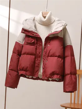2023 Пуховик, женски кратък пуловер, палто с качулка, женски свободното си зимно палто в бяло утином топола с дълъг ръкав, сохраняющее топлина, A133