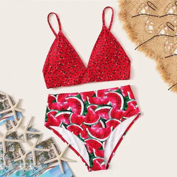 38# Women Watermelon Swimsuit Print Tube Up Two Pieces Bikini Push-up Swimsuit Swimwear Beachwear Бански Големи Размери