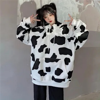 Hoody с качулка, дамска есенно-зимна новост, корейски cartoony принт сладка крава, всекидневни топ с дълги ръкави и принтом Wn*