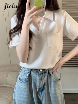 Jielur, лятна нова мода однотонная тънка женска тениска, просто японска поло с къс ръкав, женски розов, бял, черен топ