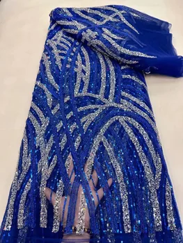 Royal лейси плат от мъниста blueFrance висок клас ръчно изработени, нигерийская бродерия, 3D мъниста, пайети, окото лейси плат за сватбена рокля