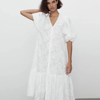TEELYNN, 100% Памук, бяло дълга рокля с бродерия на цветя, женско винтажное дантелено рокля с V-образно деколте, ежедневни свободни летни рокли с пищни ръкави за партита