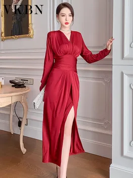 VKBN Летни червени рокли за жени, ежедневни рокли в стил империя с дълъг ръкав и V-образно деколте, дизайнерско елегантна рокля за бала