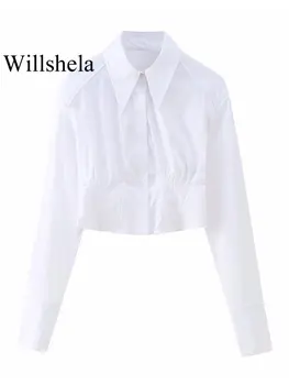 Willshela, Дамски модни бяла однобортная укороченная блуза, Ретро силует с ревери и дълъг ръкав, Дамски шик дамски ризи