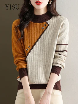 YISU Елегантен дизайн, пуловер, поло, жена без яка средно висок, дълъг ръкав, цвят възли пуловери, Жилетки, Дамски 2022