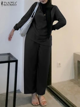 ZANZEA Елегантни Ежедневни Еднакви Комплекти, Монофонични Стилен мюсюлмански костюм от 2 теми, Блуза с кръгло деколте и дълъг ръкав, Свободни Панталони, Outifit Абая 2023
