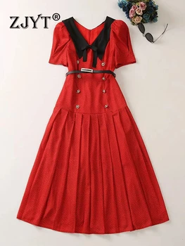 ZJYT Летни рокли за жените 2023, Празнична дреха с принтом, къс ръкав midi, червен елегантна яка 