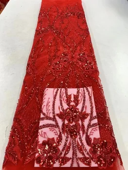 Африканска лейси плат с пайети 2023 Висококачествена бродерия на мъниста нигерийски френски тюл, завързана материал за сватбени рокли