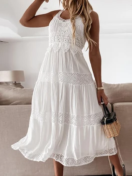 Бели дантелени летни рокли, секси елегантна секси рокля midi без ръкави с отворен гръб, Модерно романтично плажна рокля трапецовидна форма на спагети презрамки