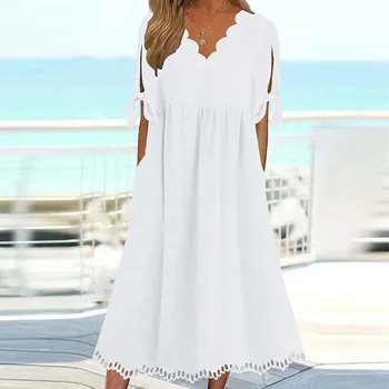 Винтажное бяло однотонное Женствена рокля с V-образно деколте и Къс Ръкав в елегантен стил бохо рокля със средна дължина, 2023, Нова модни дрехи, Vestido