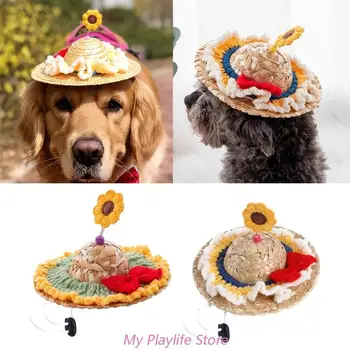 Вязаная сламена шапка за домашни любимци, модерно сладко цвете вязаная шапка за кучета, Лятна Регулируема солнцезащитная шапка за кучета, Костюми за зайци, Капачка за кучета
