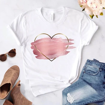 Дамска тениска с цветен принтом във формата на сърце, дамски ежедневни бяла тениска с кръгла яка, женска тениска с къс ръкав, Любовна графичен печат