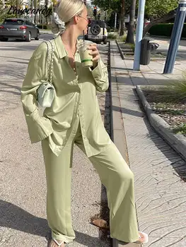 Дамски ежедневни зелени панталони, комплекти от две части, копринени ризи с дълги ръкави, Широки панталони, Костюми, дамски елегантен външен костюм за междуградски пътувания