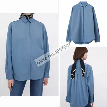 Дамски памучен блуза с бродерия по път и дълъг ръкав с ревера, най-риза