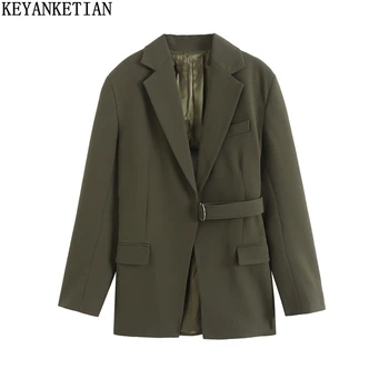 Дамски пролетно облекло KEYANKETIAN, нов дизайн с прерязано и колан, костюм армейского зелен цвят със средна дължина, асиметрично модерно палто