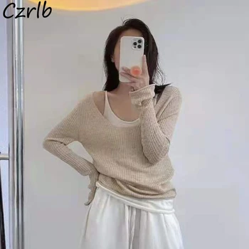 Дамски пуловери фалшиви, 2 броя, дамска мода, нов дизайн, секси корейски стил, свободна елегантна вязаная дрехи, универсална дреха Ins с дълъг ръкав BF