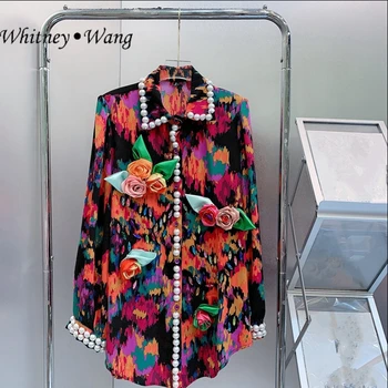 Дизайнерски стил на Уитни ВАН, пролетната мода 2023, градинска дрехи, перли, beading, 3D Риза с флорална принтом, дамски стилна блуза