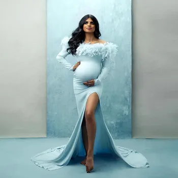 Елегантни рокли на Русалка за бременни с пера, отворени рамене, рокли за бременни с цепка, рокля за фотография на бременни жени