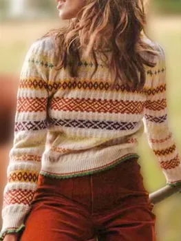 Жена жаккардовый пуловер с кръгло деколте, Леко контрастен вязаный пуловер, женски ретро пуловер с дълъг ръкав, топ, дамски плетива, Новост 2022 г.