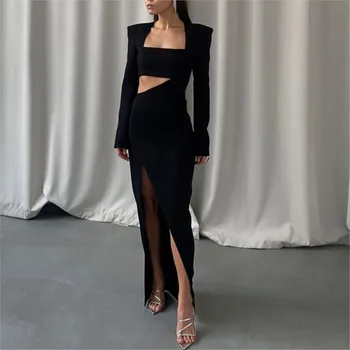 Женствена рокля 2023, новост, дизайн с цепка, черно, с дълги ръкави, модерно секси рокля с квадратни деколтета, Безплатна доставка