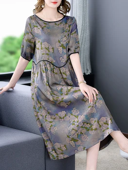 Женствена рокля Миди от коприна тутового оцветяване с цветен модел, пролет-лято, елегантна рокля със свободна талия, 2023, корейски реколта ежедневни рокли за партита